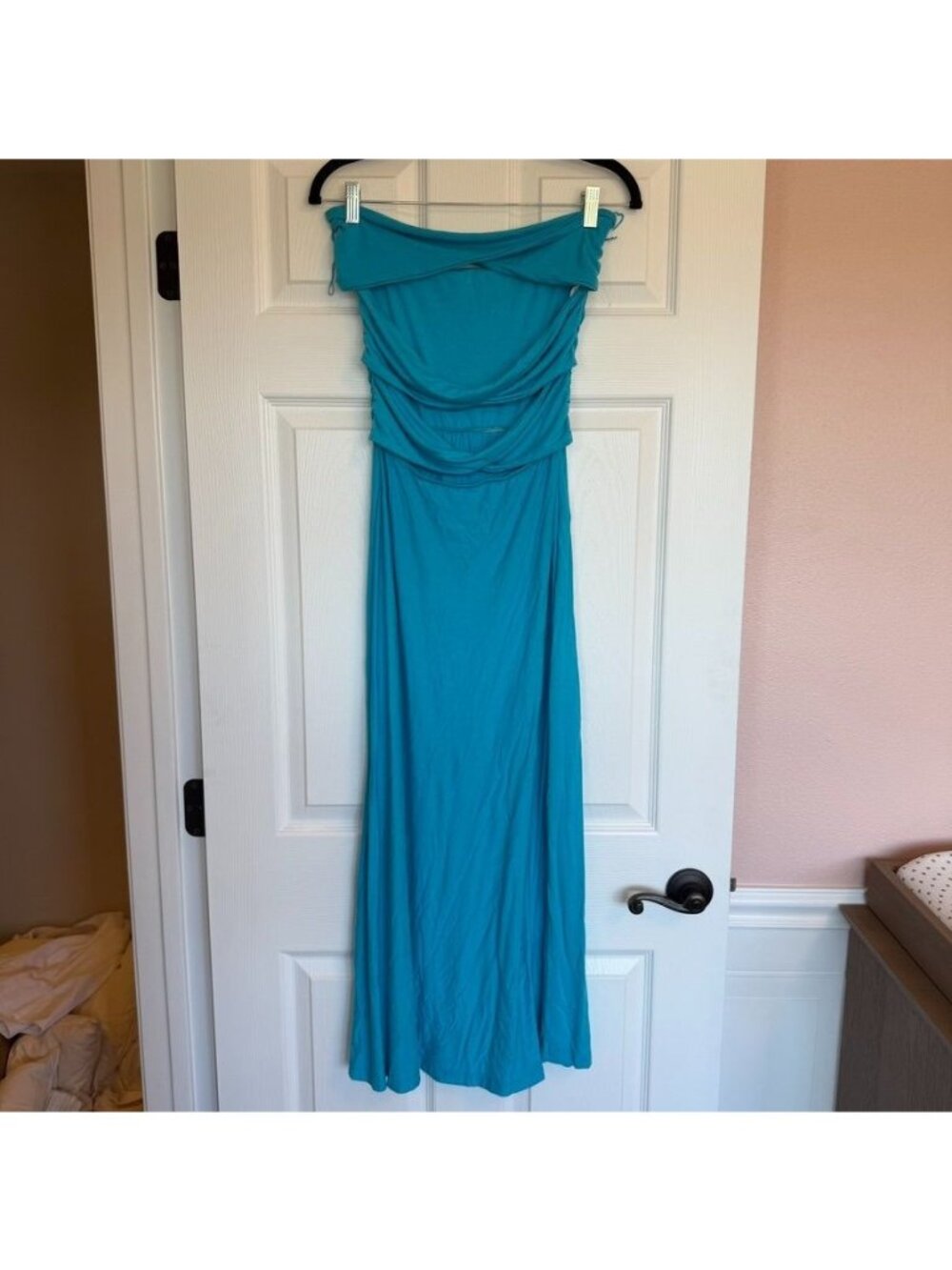 Free People FP Beach Aqua Blue Strapless Ruched Soft Knit Maxi Dress Size S